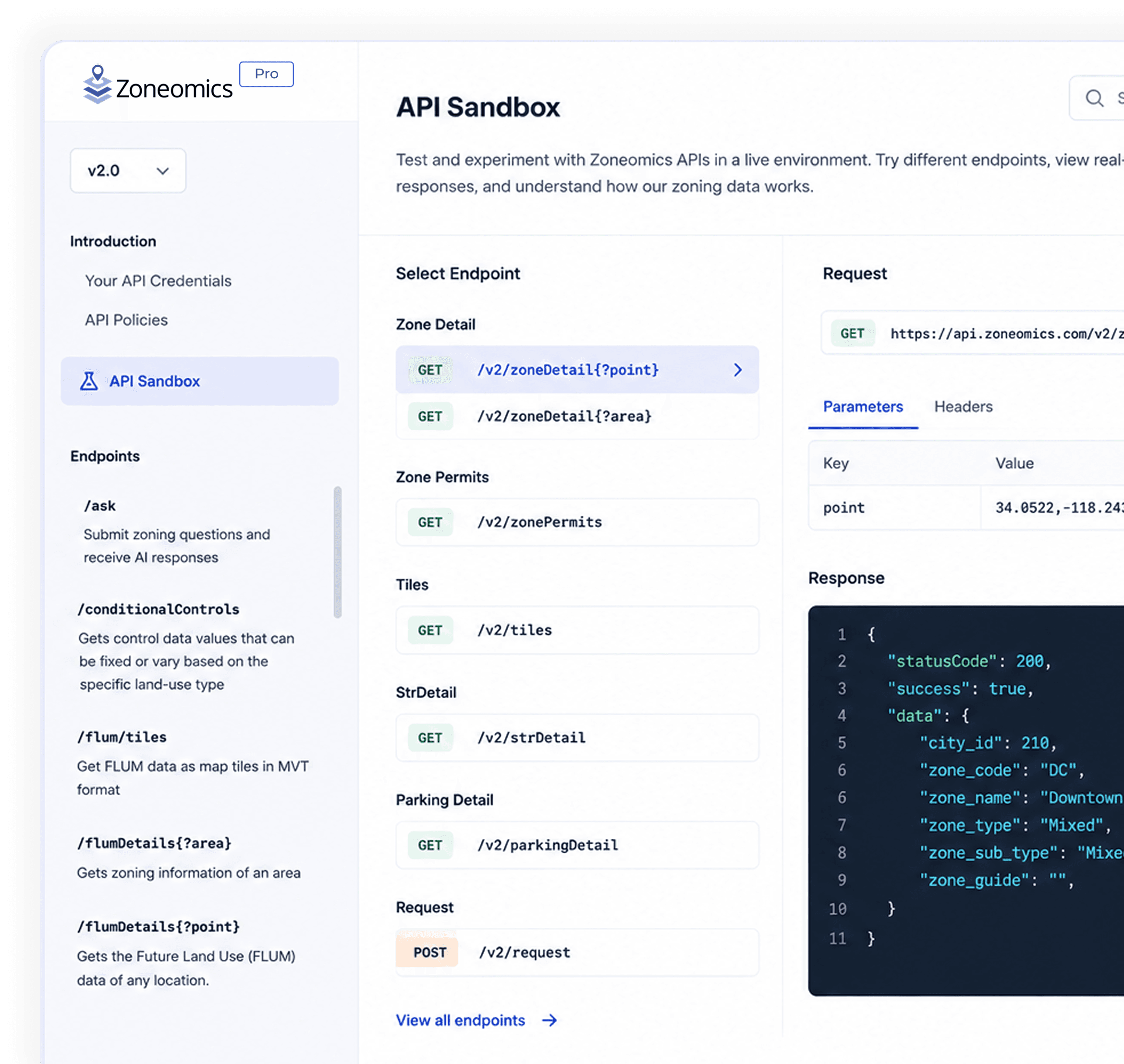 Zoneomics API Sandbox interface preview
