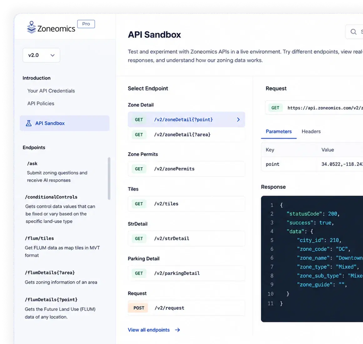 Zoneomics API Sandbox interface preview